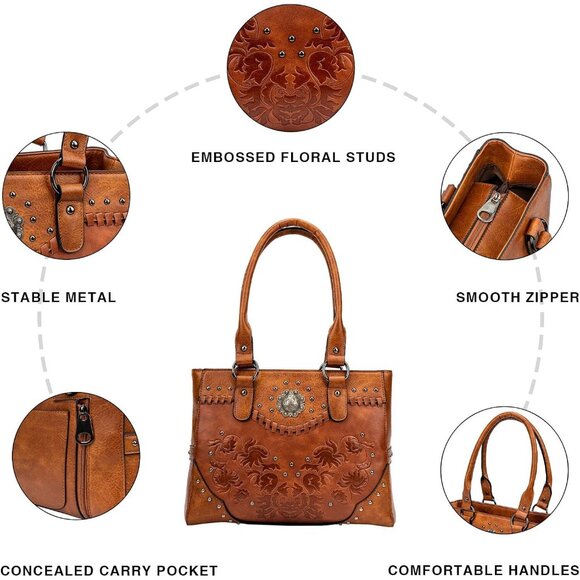 Women Brown Large Western Purse Ladies Top Handle Shoulder Hand Bags - Picture 5 of 7